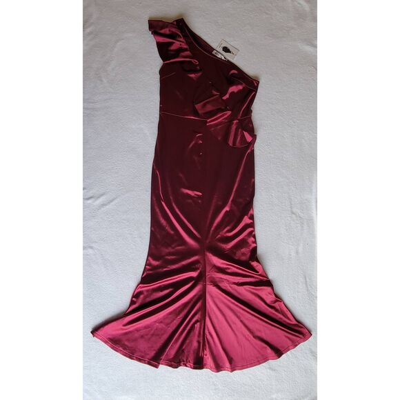 One-Shoulder Ruffle Trim Formal Long Sheath Evening Dress Wine Size XL - Picture 2 of 10